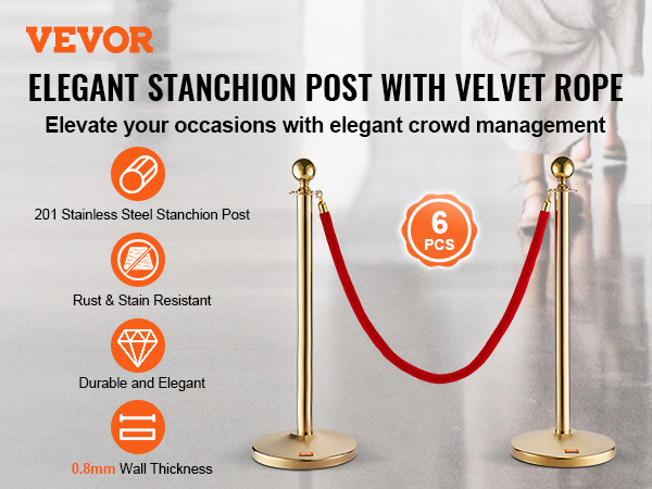 VEVOR crowd control stanchion with velvet rope for elegant crowd management, rust-resistant, 6 pcs set.