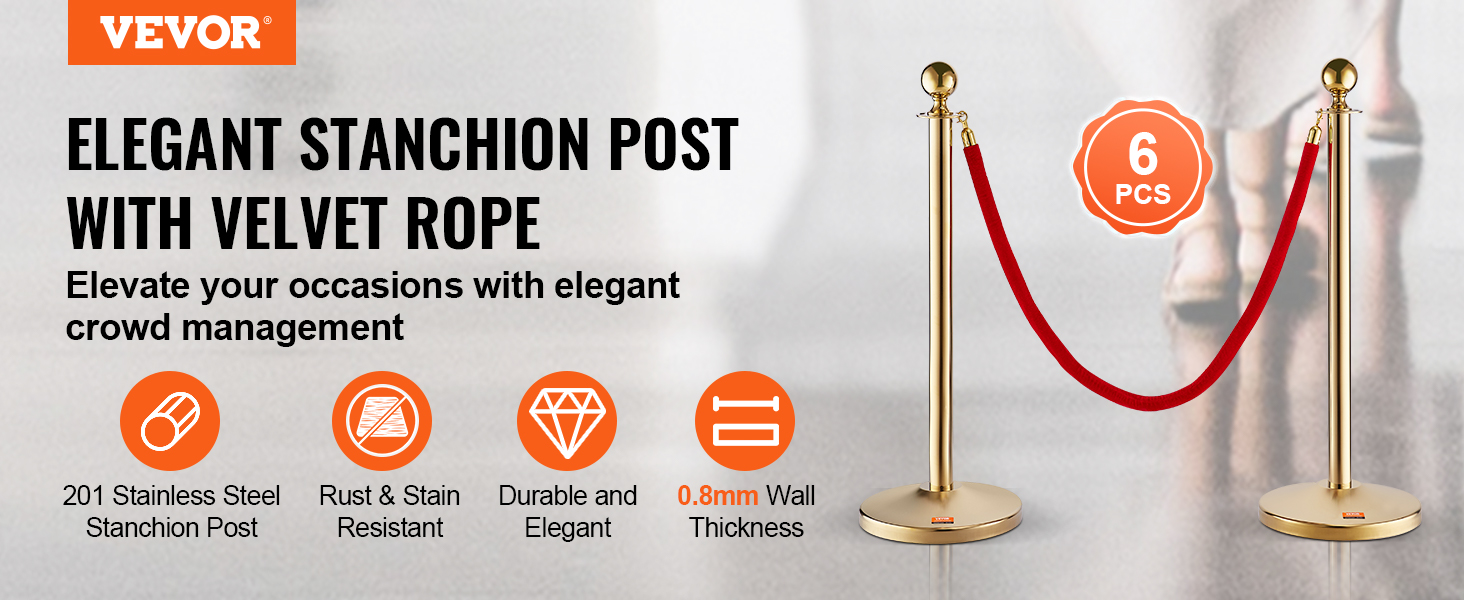 VEVOR crowd control stanchion with velvet rope for elegant crowd management, rust-resistant, 6 pcs set.