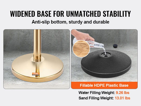 wide base VEVOR crowd control stanchion with anti-slip bottom, water and sand fillable hdpe plastic base.