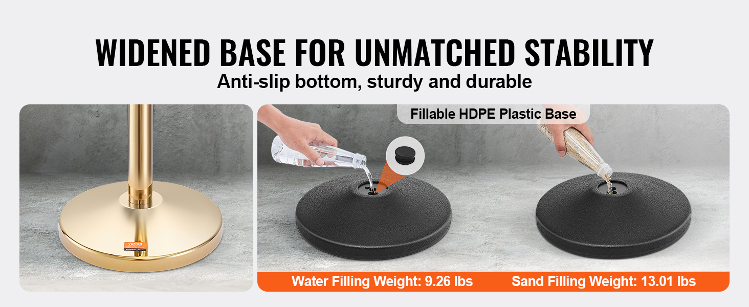 wide base VEVOR crowd control stanchion with anti-slip bottom, water and sand fillable hdpe plastic base.
