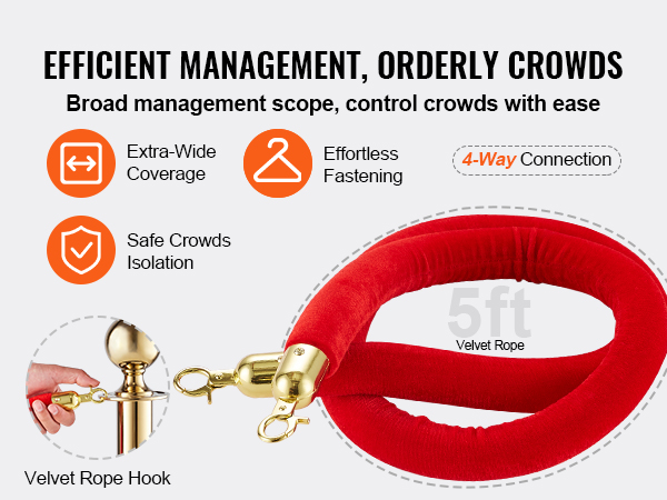 efficient crowd control with VEVOR crowd control stanchion, featuring 5ft red velvet rope and 4-way connection.