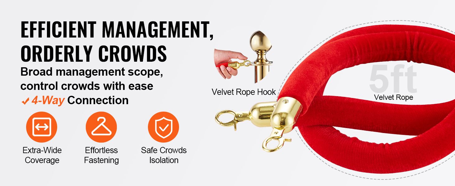efficient crowd control with VEVOR crowd control stanchion, featuring 5ft red velvet rope and 4-way connection.