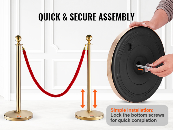 quick assembly of VEVOR crowd control stanchion with red rope, each base features simple installation.