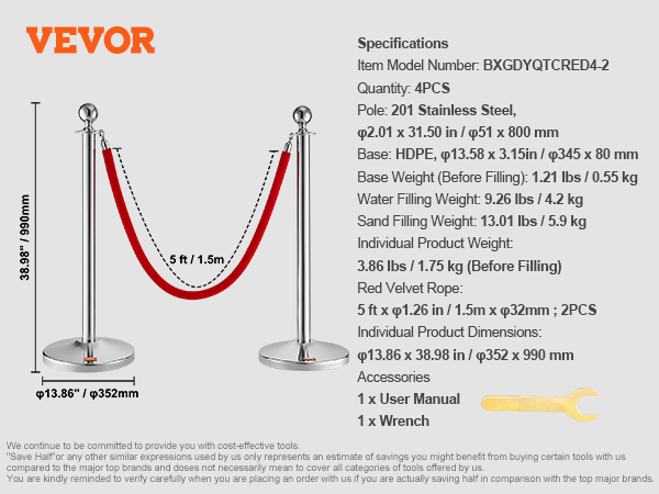 VEVOR stanchion post with red velvet rope, 38.98" height, stainless steel, accessories included.