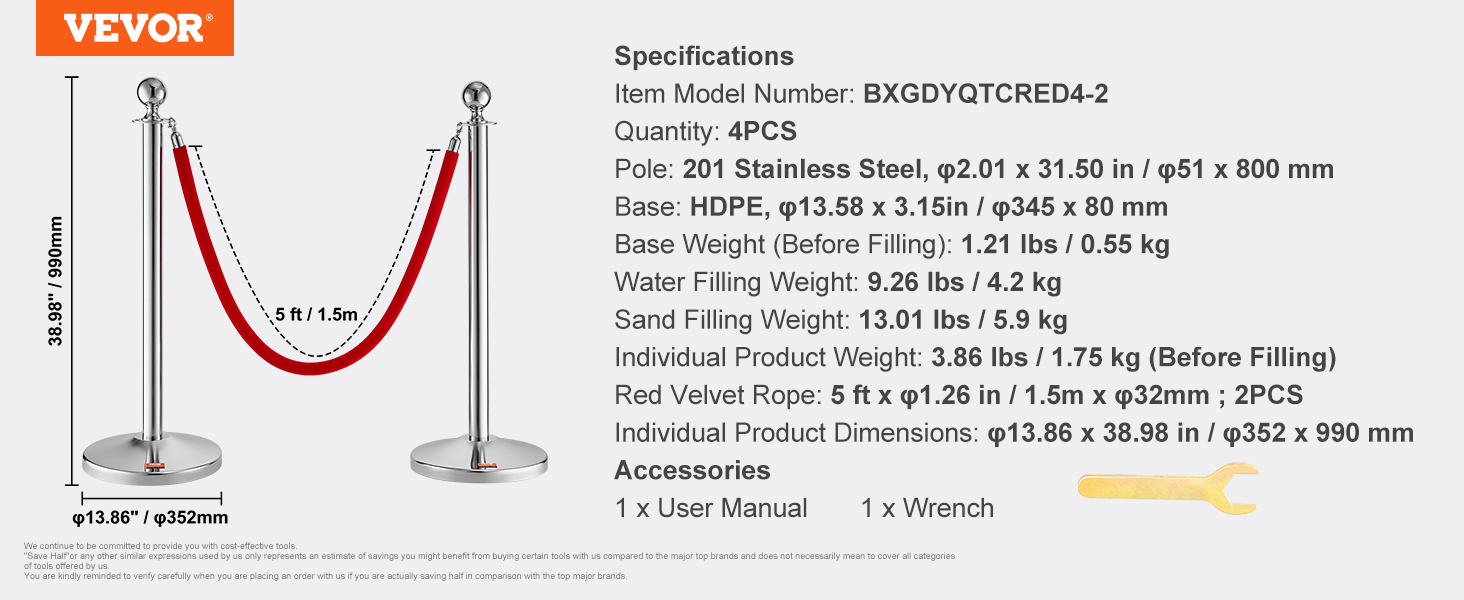 VEVOR stanchion post with red velvet rope, 38.98" height, stainless steel, accessories included.