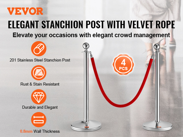 VEVOR stanchion post: stainless steel posts with red velvet rope, rust-resistant, durable, 0.8mm thickness.