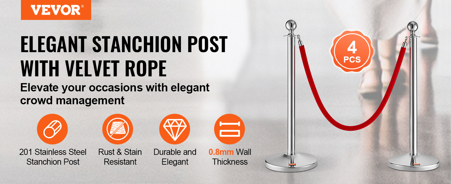 VEVOR stanchion post: stainless steel posts with red velvet rope, rust-resistant, durable, 0.8mm thickness.