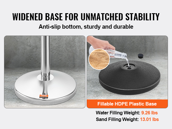 widened base of VEVOR stanchion post with fillable hdpe plastic, anti-slip bottom, water and sand filling.