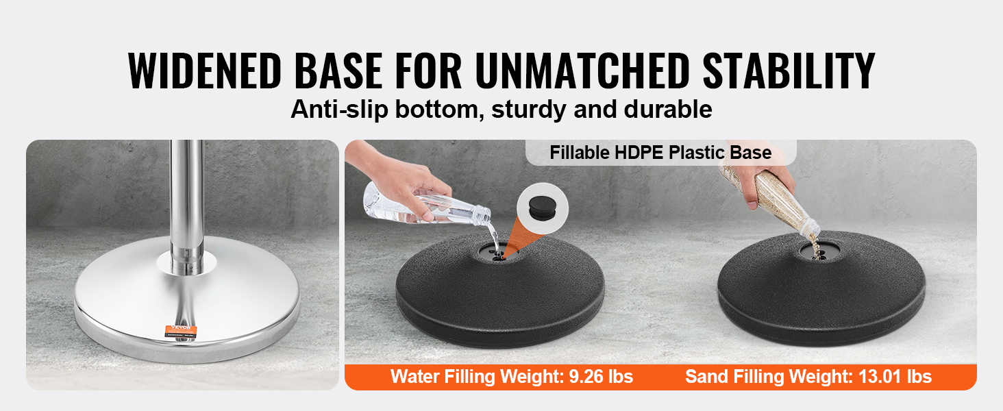 widened base of VEVOR stanchion post with fillable hdpe plastic, anti-slip bottom, water and sand filling.