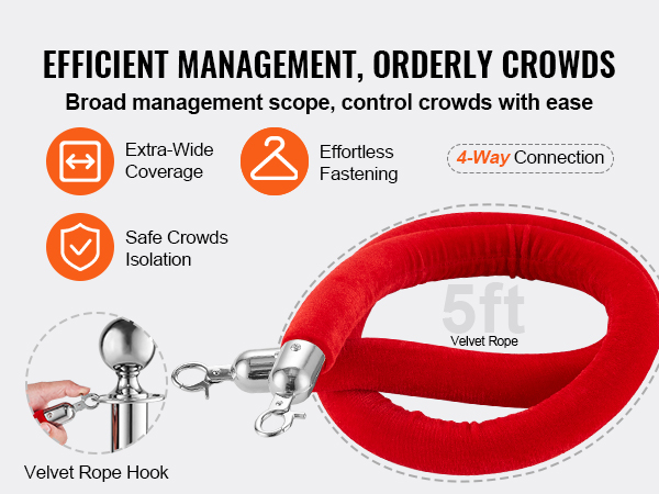 efficient crowd management with VEVOR stanchion post, 5ft red velvet rope, 4-way connection.