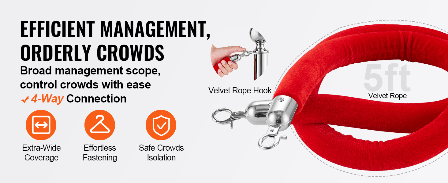 efficient crowd management with VEVOR stanchion post, 5ft red velvet rope, 4-way connection.