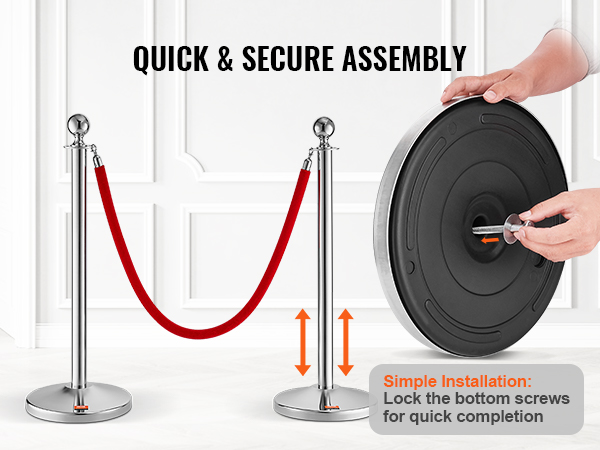 quick & secure assembly guide for VEVOR stanchion post with red rope, featuring simple installation.