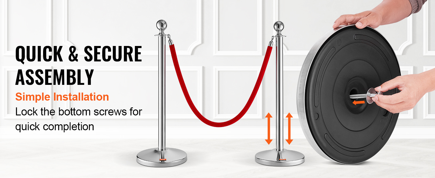 quick & secure assembly guide for VEVOR stanchion post with red rope, featuring simple installation.