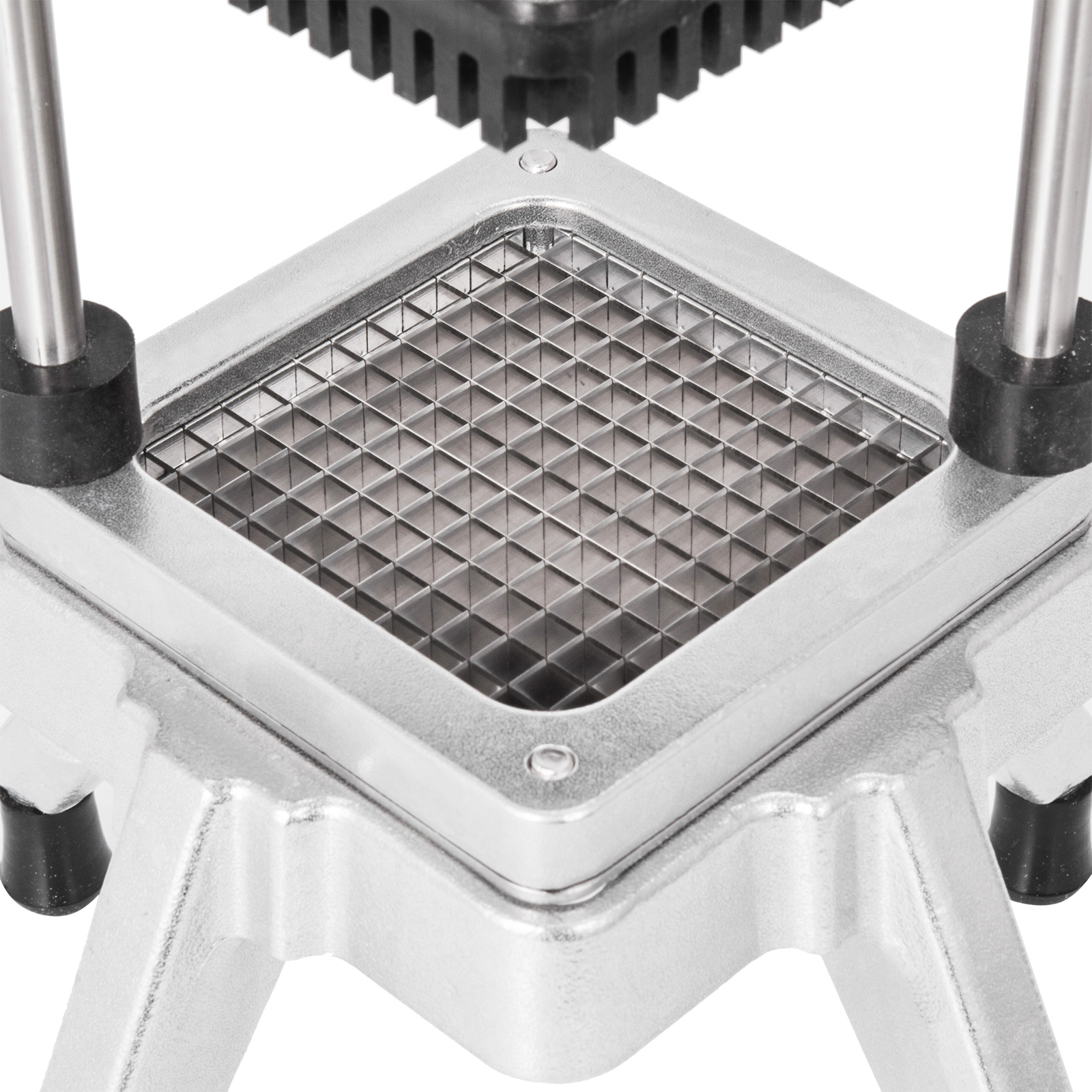 close-up of the VEVOR vegetable chopper stainless steel cutting grid and frame.