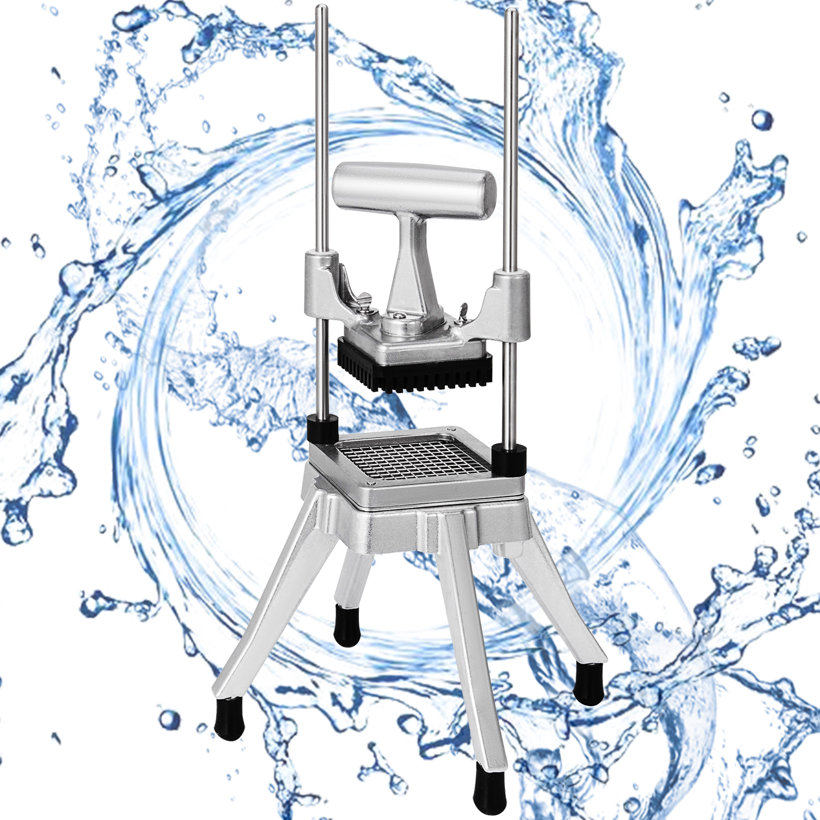VEVOR vegetable chopper with splash background, sturdy metal structure, and sharp blades.
