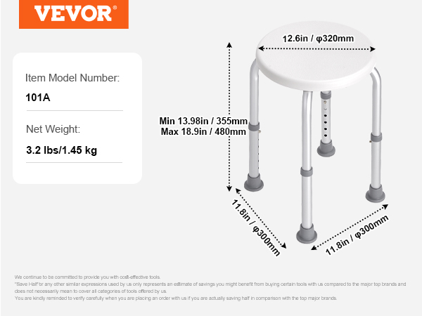VEVOR shower chair model 101a, 3.2 lbs, adjustable height 13.98-18.9 inches, seat diameter 12.6 inches.