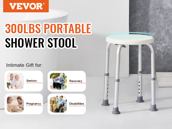 VEVOR shower chair, 300lbs portable shower stool next to a white bathtub, ideal for seniors, recovery, pregnancy, and disabilities.