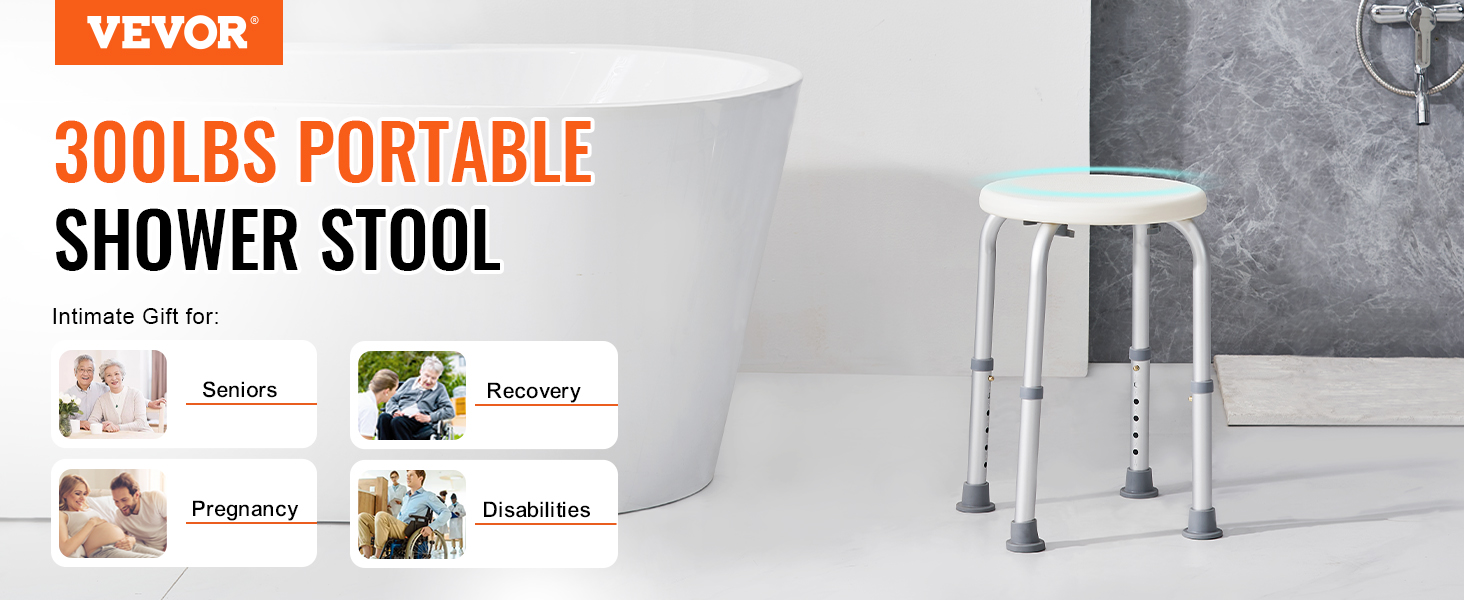 VEVOR shower chair, 300lbs portable shower stool next to a white bathtub, ideal for seniors, recovery, pregnancy, and disabilities.