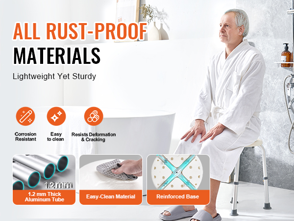 VEVOR shower chair features rust-proof materials, 1.2mm thick aluminum, easy-clean surface, and reinforced base.