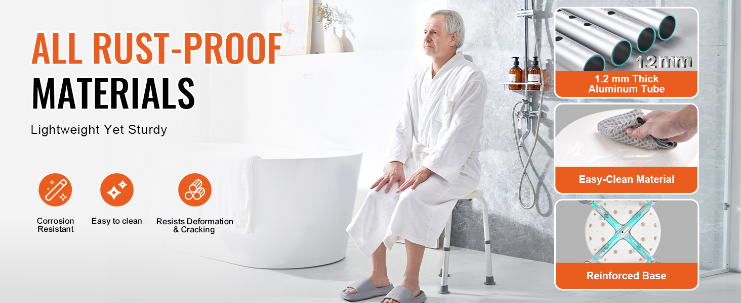 VEVOR shower chair features rust-proof materials, 1.2mm thick aluminum, easy-clean surface, and reinforced base.