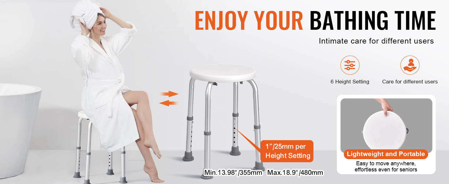 VEVOR shower chair, adjustable height, lightweight, and portable for comfortable bathing.