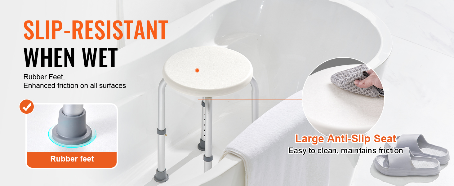 VEVOR shower chair in bathtub with slip-resistant rubber feet and large anti-slip seat, easy to clean.