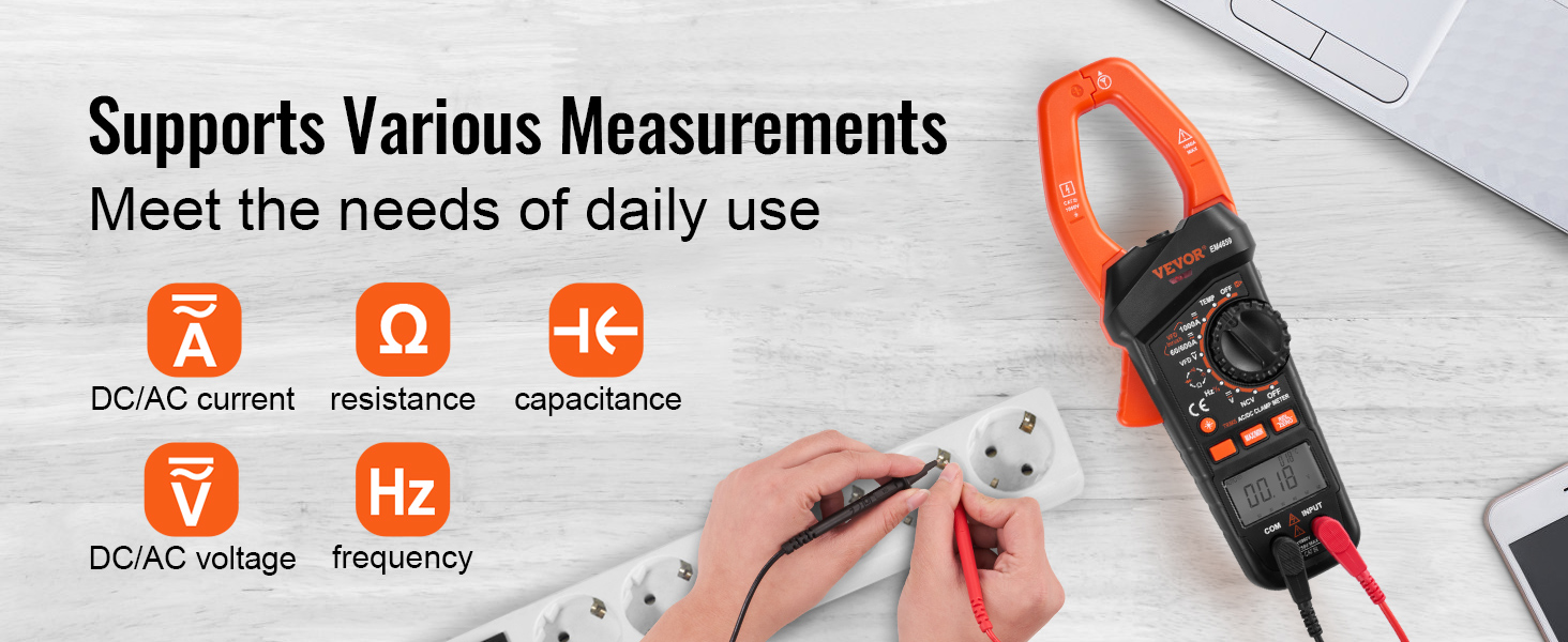 VEVOR digitālais skavas mērītājs, kas mēra līdzstrāvas/maiņstrāvas strāvu, spriegumu, pretestību, kapacitāti un frekvenci.