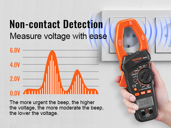 Bezkontakta sprieguma noteikšana ar VEVOR digitālo skavas mērītāju, kas rāda rādījumus un signāla viļņus kontaktligzdas tuvumā.