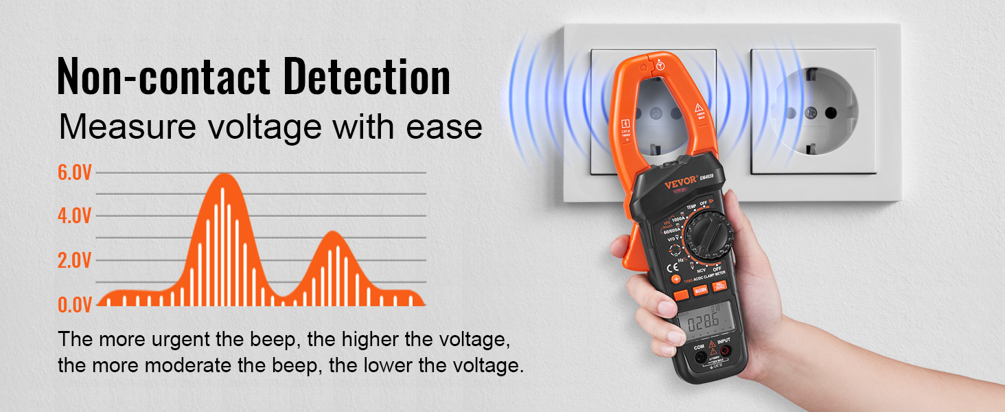 Bezkontakta sprieguma noteikšana ar VEVOR digitālo skavas mērītāju, kas rāda rādījumus un signāla viļņus kontaktligzdas tuvumā.