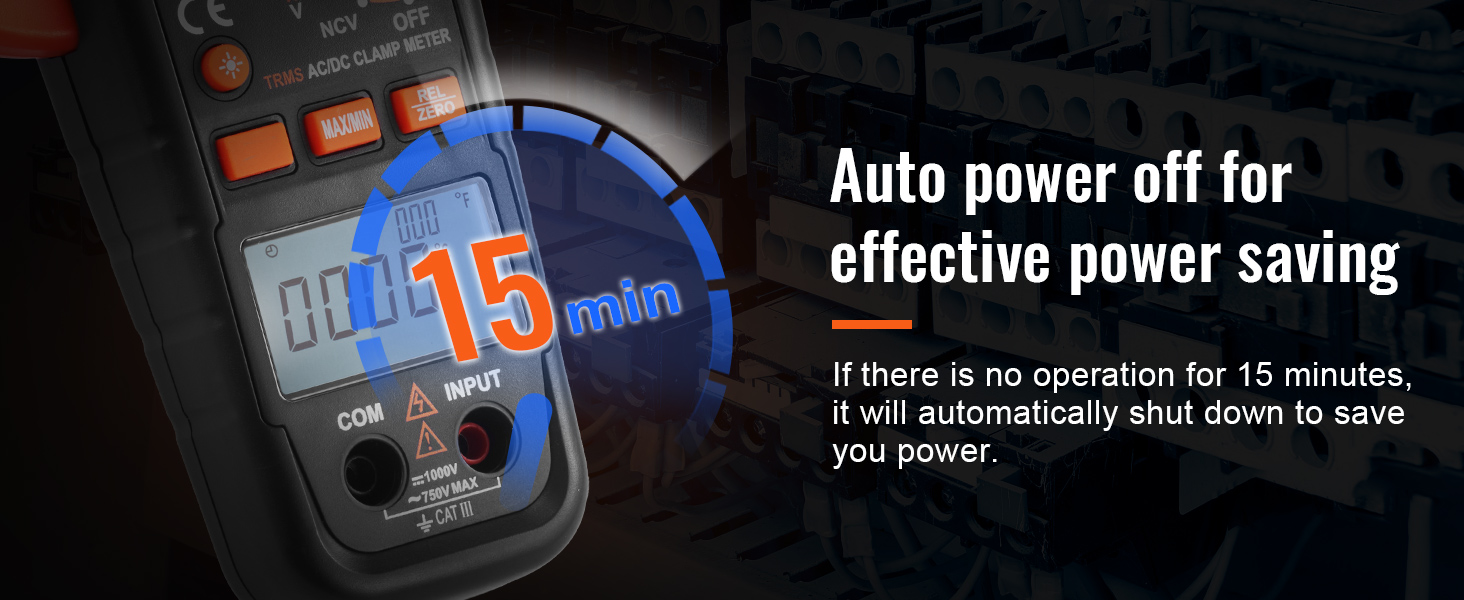 VEVOR digitālais skavas mērītājs ar automātiskas izslēgšanas funkciju 15 minūšu enerģijas taupīšanai.