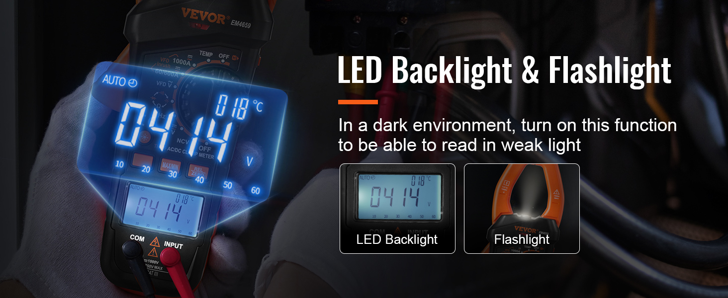 VEVOR digitālais skavas mērītājs ar LED fona apgaismojumu un lukturīti, kas attēlo sprieguma un temperatūras rādījumus.