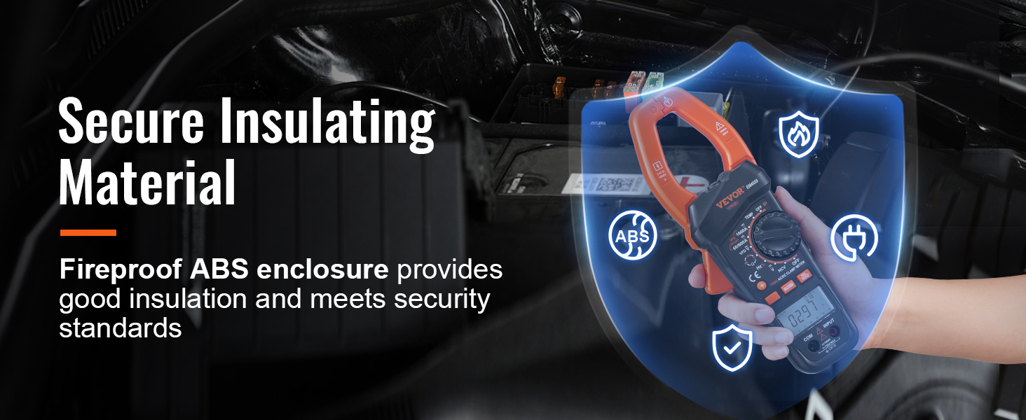 Droša izolācija ar VEVOR digitālo skavas mērītāju, kas aprīkots ar ugunsdrošu ABS korpusu maksimālai drošībai.