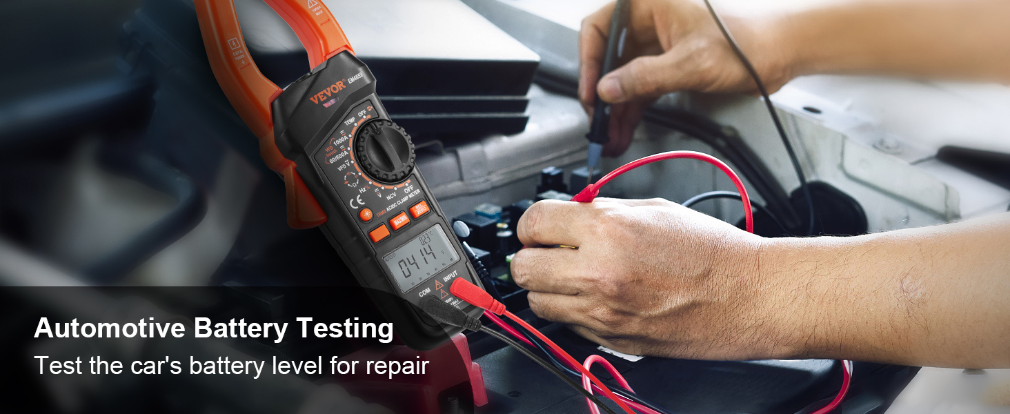 VEVOR digitālais skavas mērītājs automašīnas akumulatora pārbaudei, rādot rādījumus automašīnas remontam.