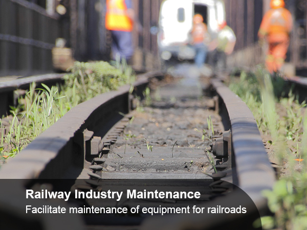 Dzelzceļa nozares darbinieki, kas veic sliežu ceļu apkopi ar aizaugušu zāli un izplūdušu vilcienu fonā