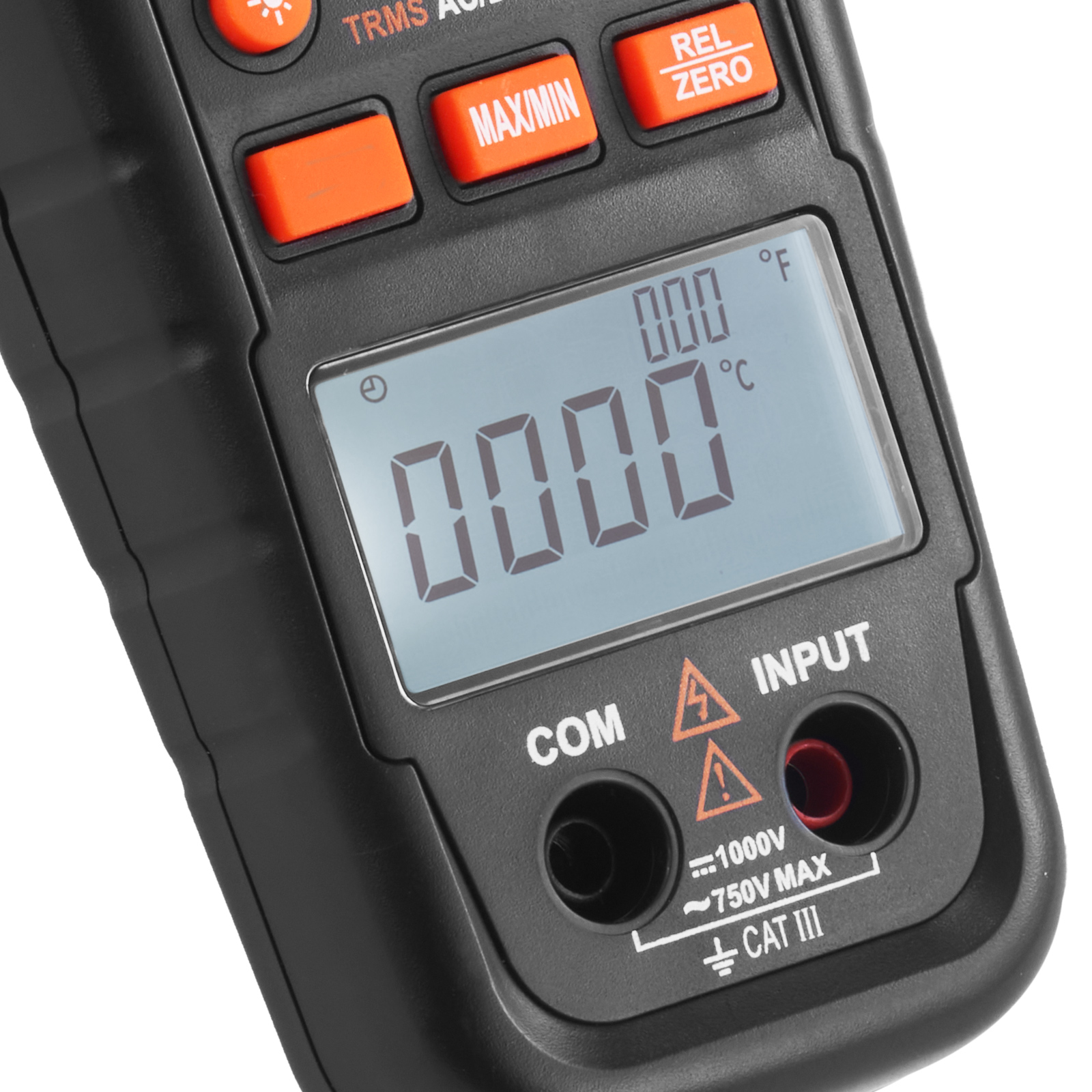 VEVOR digital clamp meter display with buttons and input ports for accurate electrical measurements.