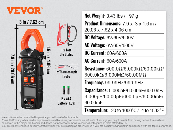 VEVOR digital clamp meter specifications overview with product image, dimensions, and accessories.