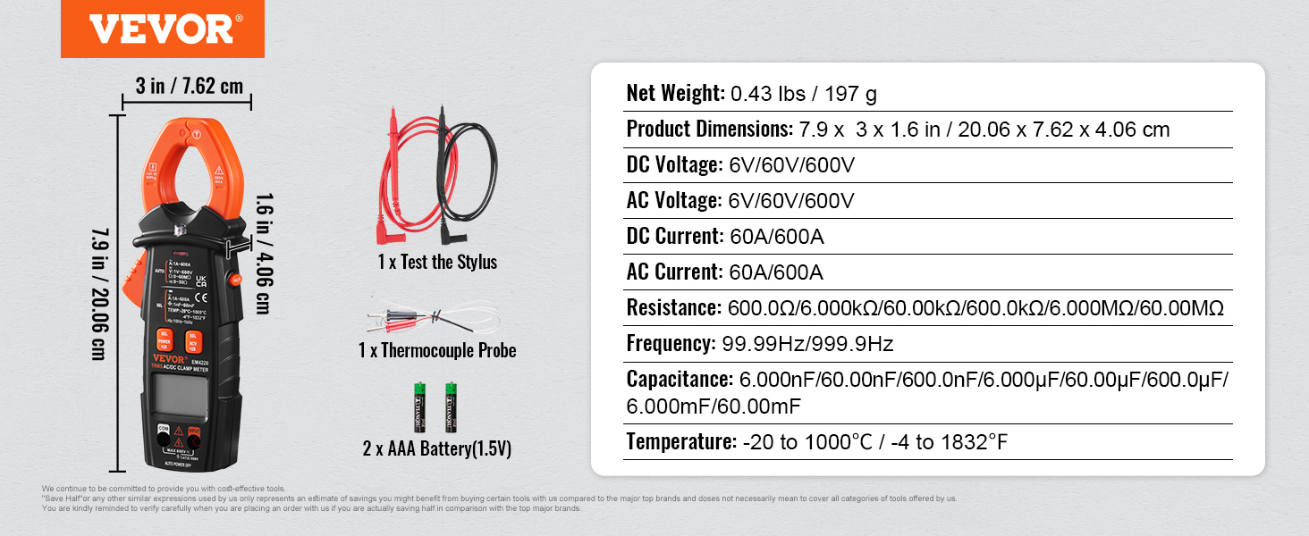 VEVOR digital clamp meter specifications overview with product image, dimensions, and accessories.