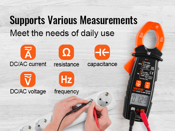 VEVOR digitālais skavas mērītājs, kas mēra līdzstrāvas/maiņstrāvas strāvu, spriegumu, pretestību, kapacitāti un frekvenci.