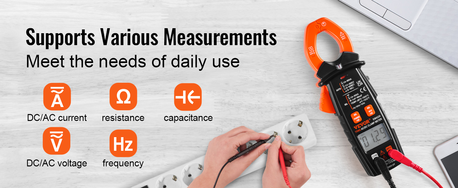 VEVOR digitālais skavas mērītājs, kas mēra līdzstrāvas/maiņstrāvas strāvu, spriegumu, pretestību, kapacitāti un frekvenci.
