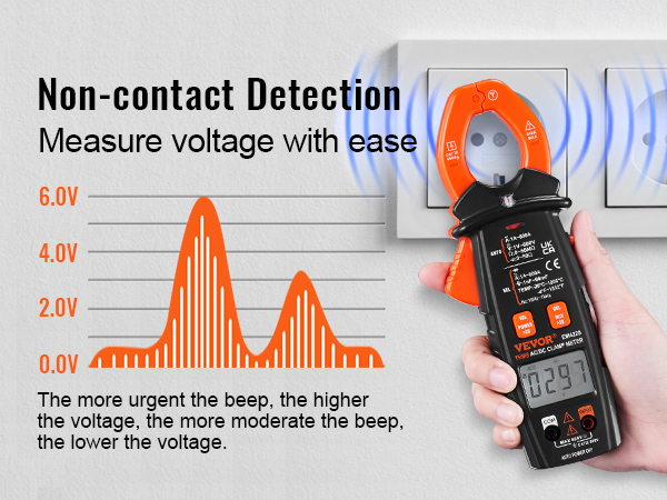 VEVOR digitālais skavas mērītājs, kas demonstrē bezkontakta sprieguma noteikšanu ar ilustratīvu sprieguma grafiku.