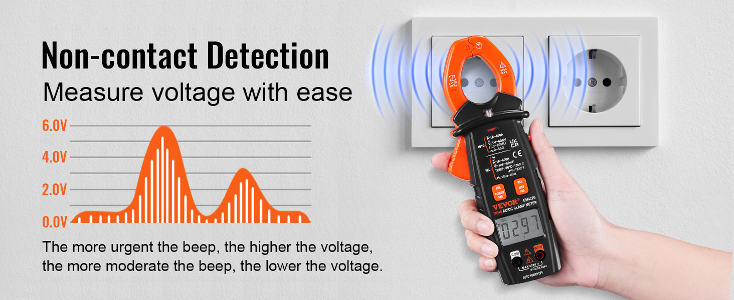 VEVOR digitālais skavas mērītājs, kas demonstrē bezkontakta sprieguma noteikšanu ar ilustratīvu sprieguma grafiku.