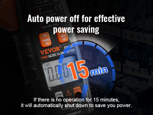 VEVOR digitālā skavas mērītāja automātiskās izslēgšanās funkcija taupa enerģiju pēc 15 minūšu neaktivitātes.