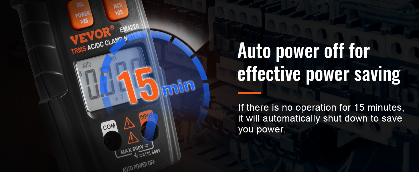 VEVOR digitālā skavas mērītāja automātiskās izslēgšanās funkcija taupa enerģiju pēc 15 minūšu neaktivitātes.