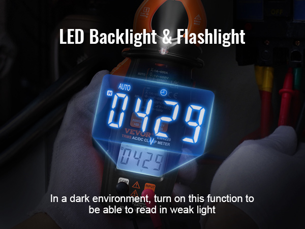 VEVOR digitālais skavas mērītājs ar LED fona apgaismojumu un lukturīti nolasīšanai tumšā vidē.