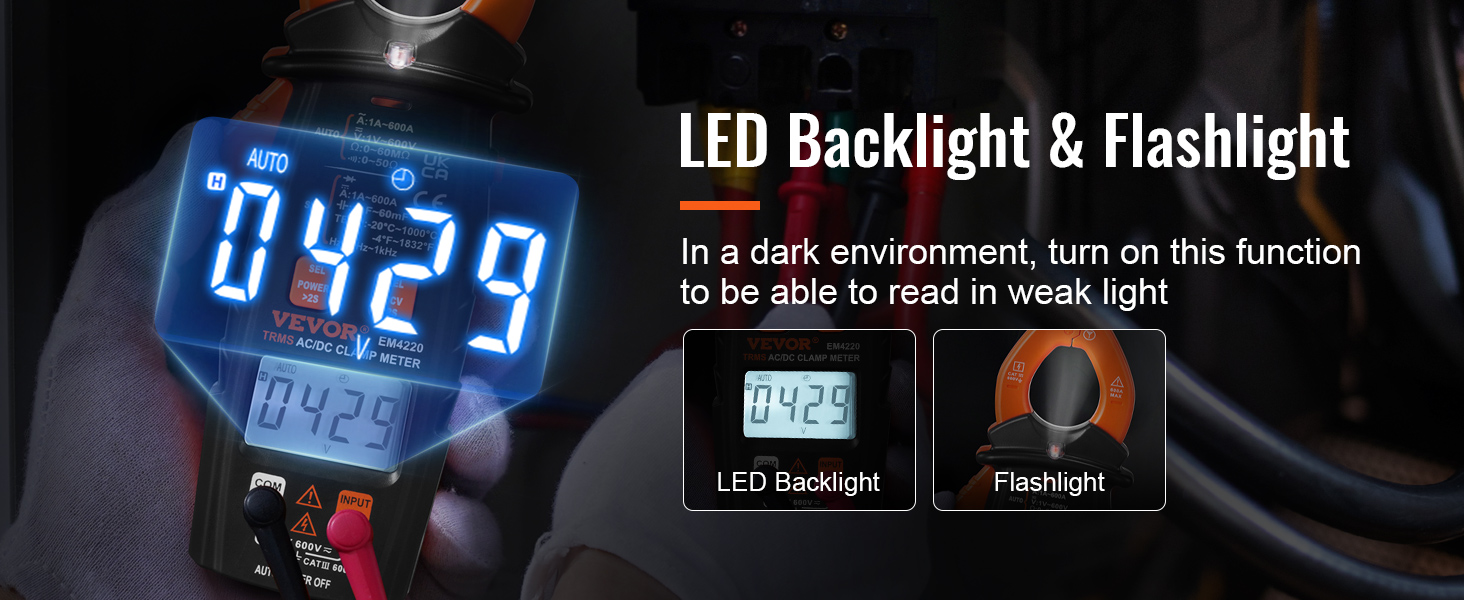 VEVOR digitālais skavas mērītājs ar LED fona apgaismojumu un lukturīti nolasīšanai tumšā vidē.