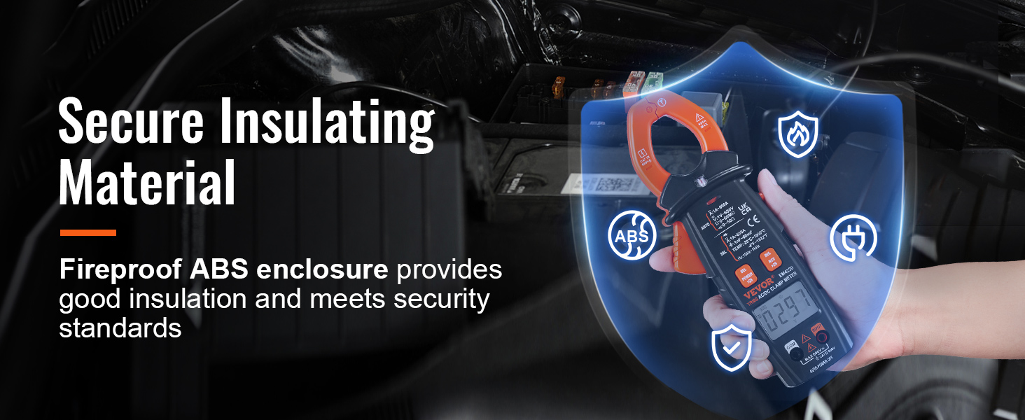 VEVOR digitālais skavas mērītājs ar ugunsdrošu ABS korpusu, kas piedāvā drošu izolācijas materiālu un labu izolāciju.