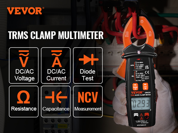 VEVOR digital clamp meter showcasing various measurement functions in use, including voltage and current.