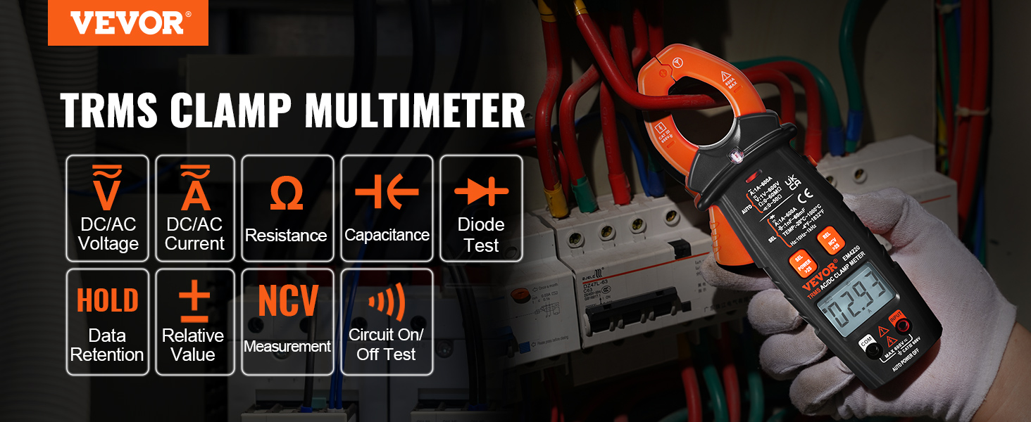 VEVOR digital clamp meter showcasing various measurement functions in use, including voltage and current.