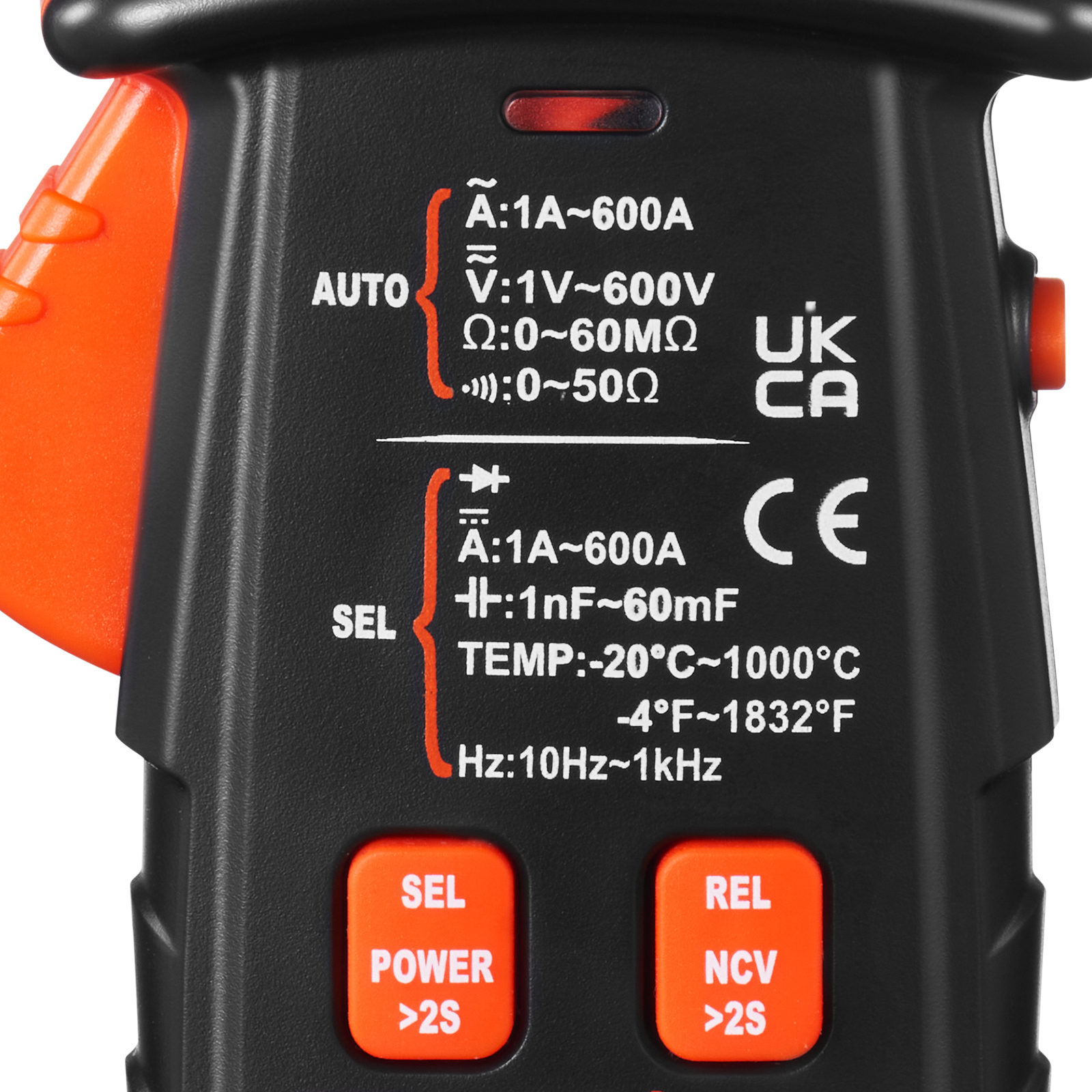 close-up of VEVOR digital clamp meter settings and measurement ranges with orange buttons and uk ca mark.