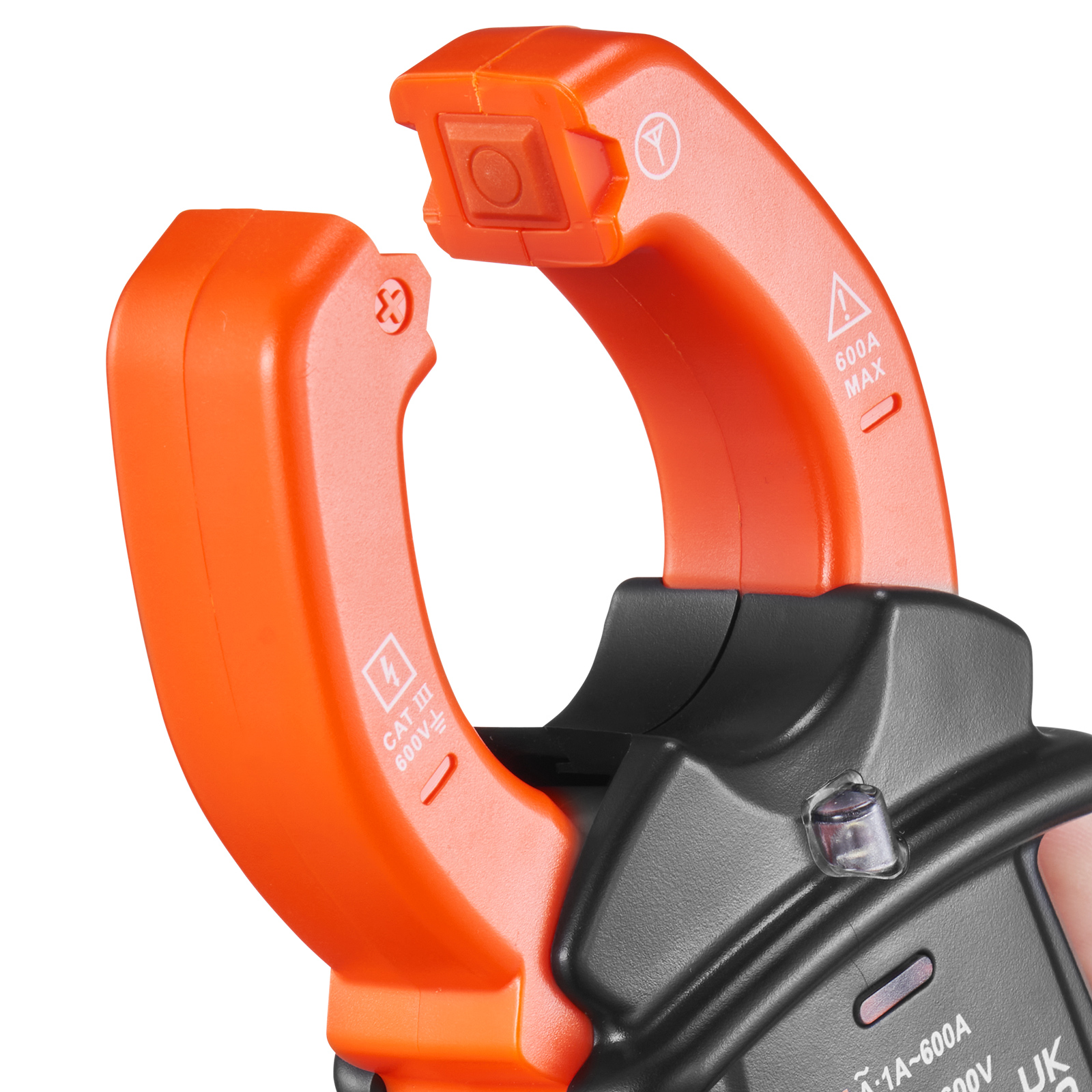 close-up of VEVOR digital clamp meter with orange jaws and voltage indicator.